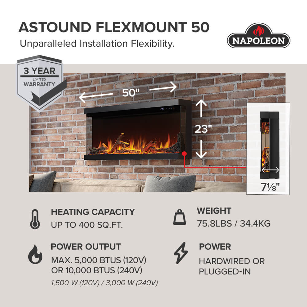 Napoleon Astound 50-inch Wall Mounted Electric Fireplace NEFL50AB