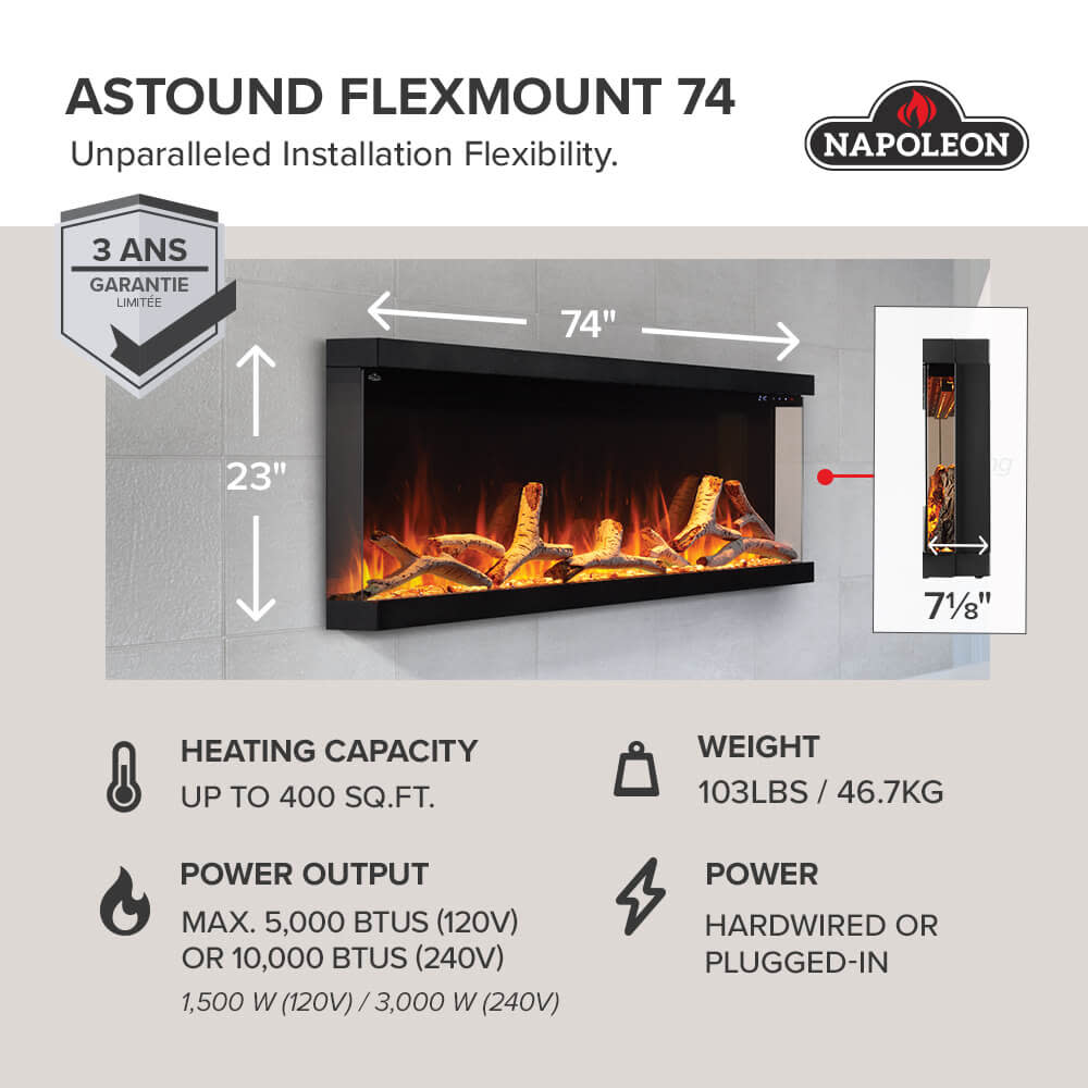 Napoleon Astound 74-inch Wall Mounted Electric Fireplace NEFL74AB